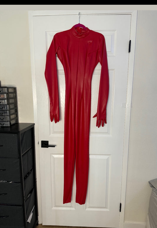 red leather britney catsuit